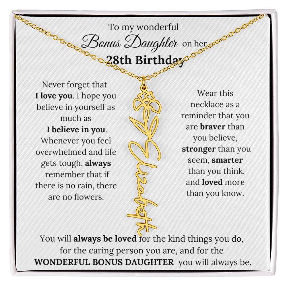 To My Wonderful Bonus Daughter On Her 28th Birthday | I Love You | Flower Name Necklace