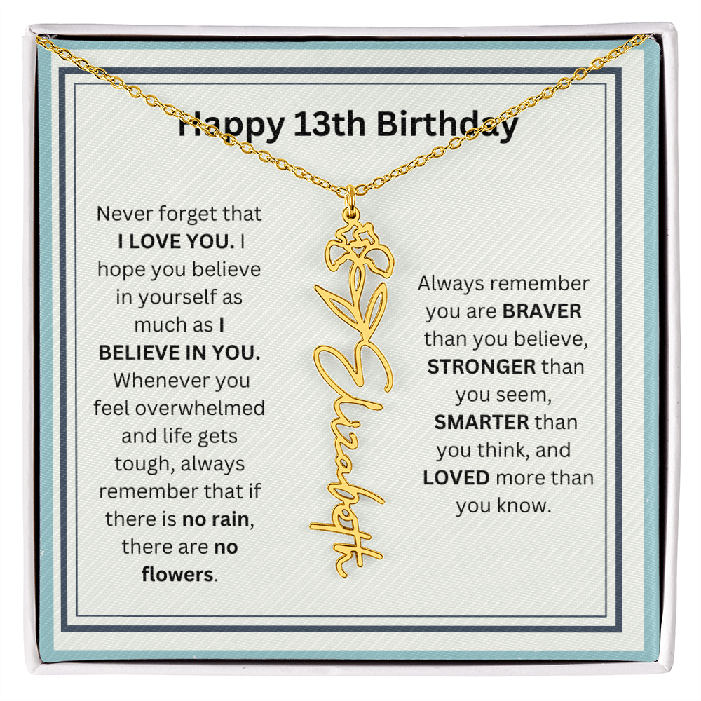 Personalized 13th Birthday Flower Name Necklace Gift