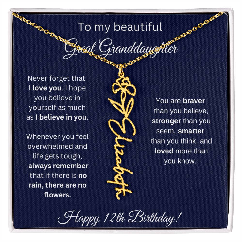 12th Birthday Gift For Great Granddaughter - Birthmonth Flower Name Necklace