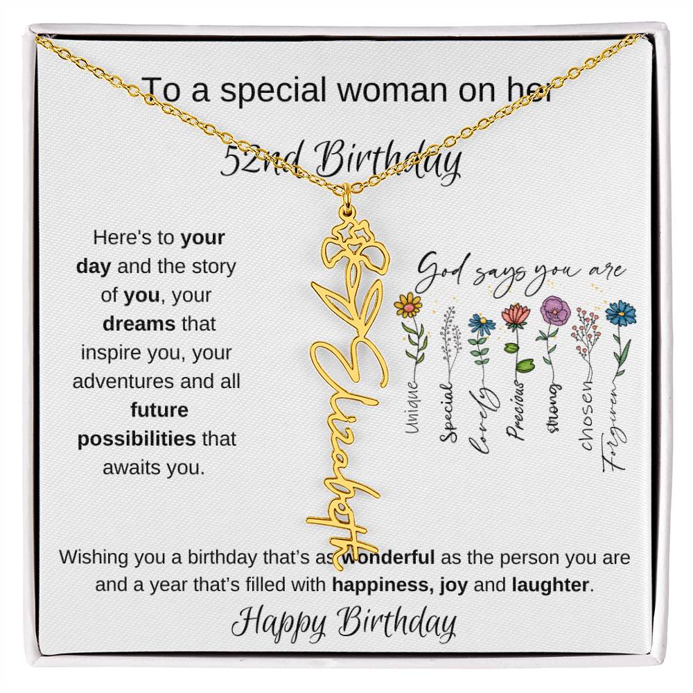 To A Special Woman On Her 52nd Birthday - Flower Name Necklace