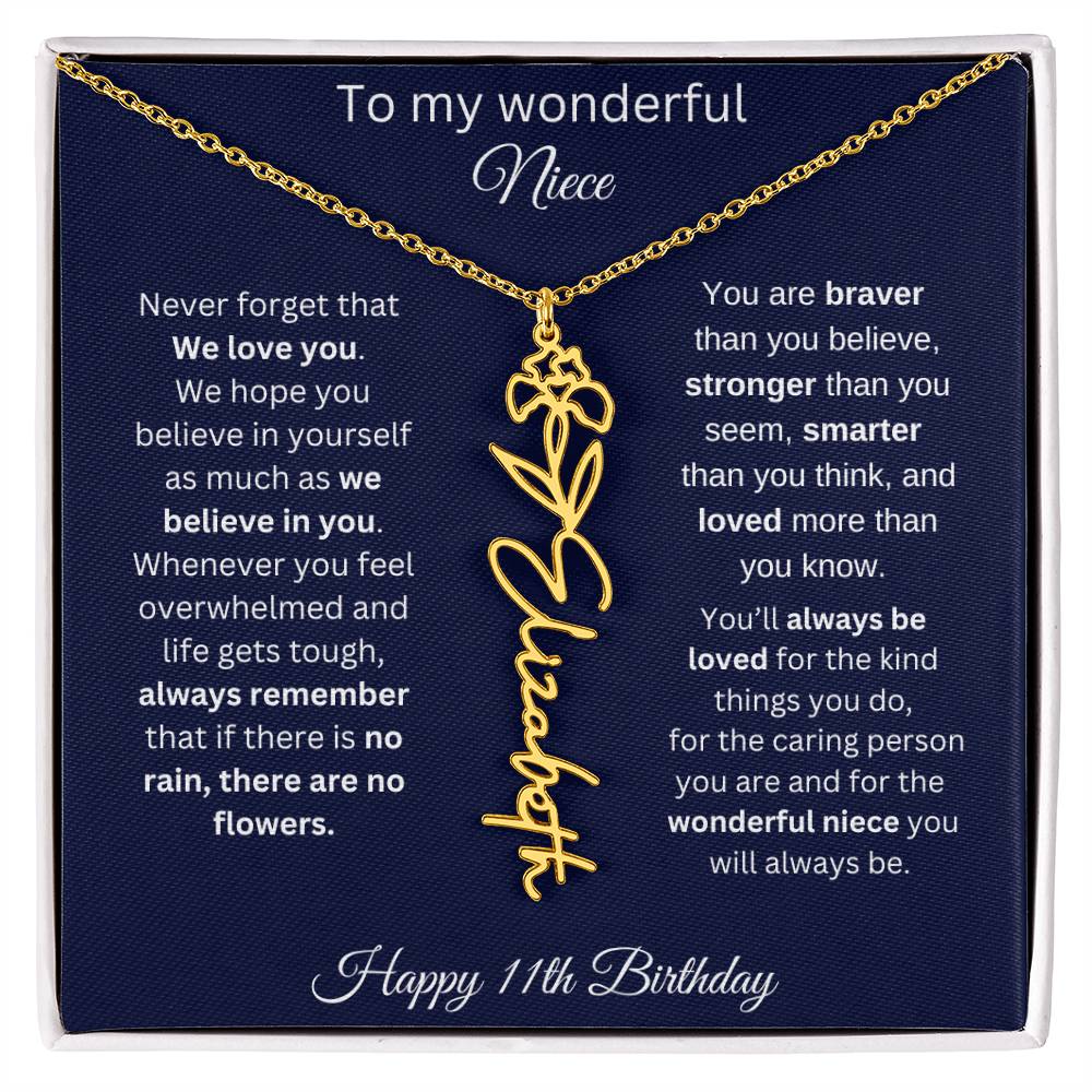 11th Birthday Gift For Niece - Personalized Birthmonth Flower Name Necklace