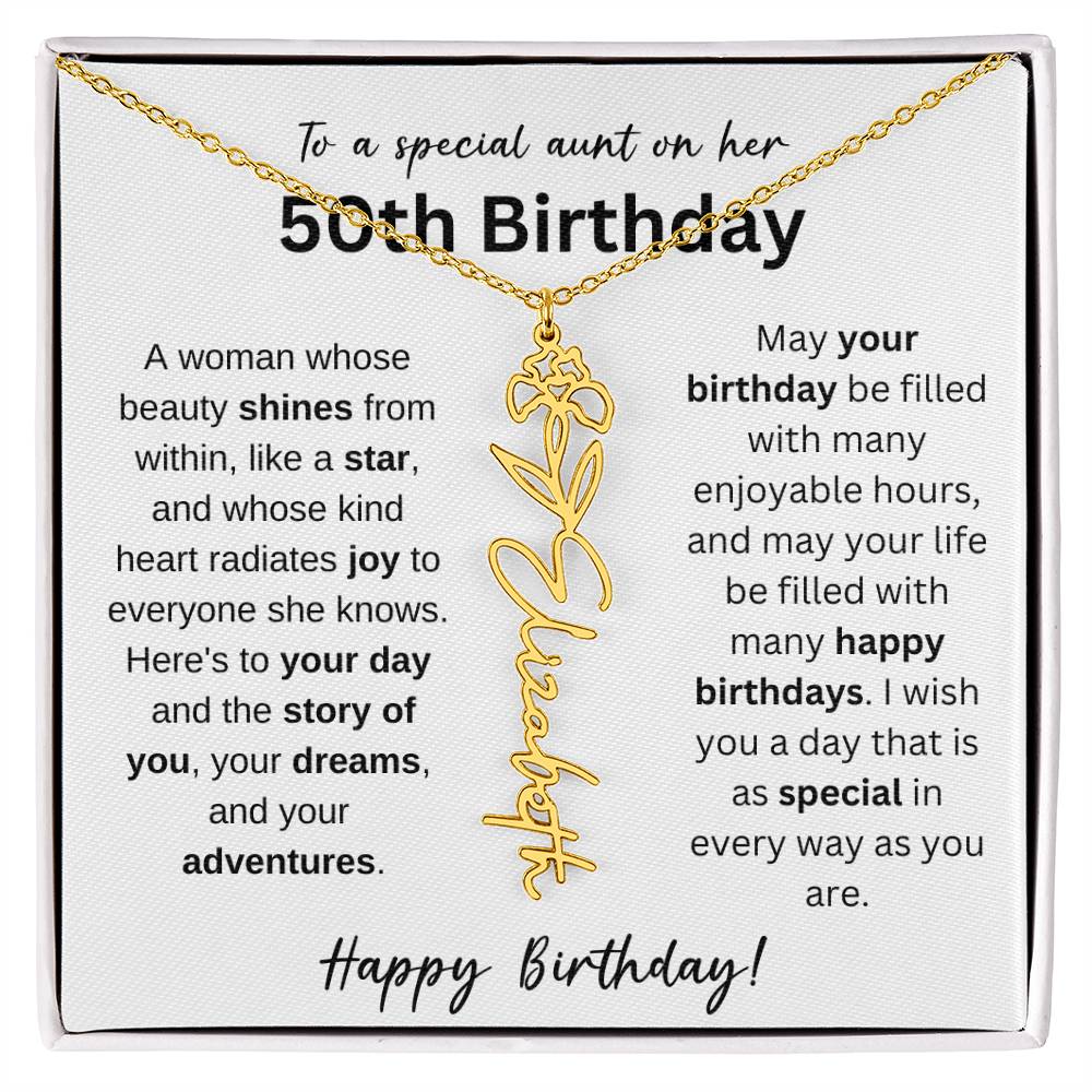 To A Special Aunt Happy 50th Birthday - Flower Name Necklace