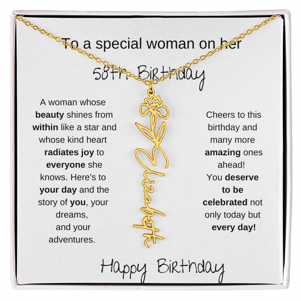 To A Special Women On Her 58th Birthday - Flower Name Necklace