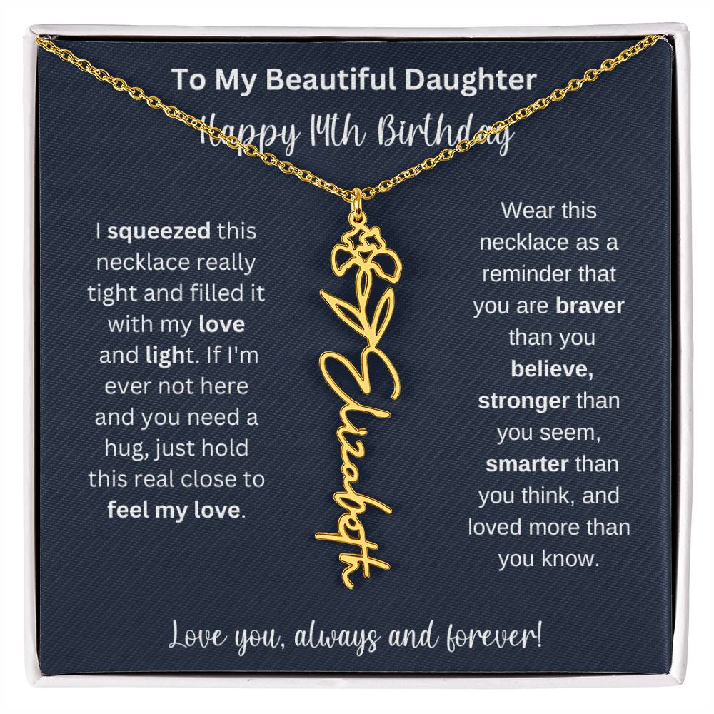14th Birthday Gift For My Beautiful Daughter | Personalized Flower Name Necklace