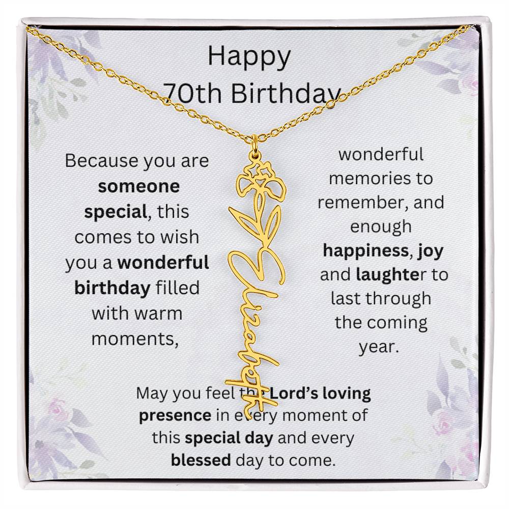 Wishing You Happiness, Joy & Laughter - Happy 70th Birthday | Flower Name Necklace
