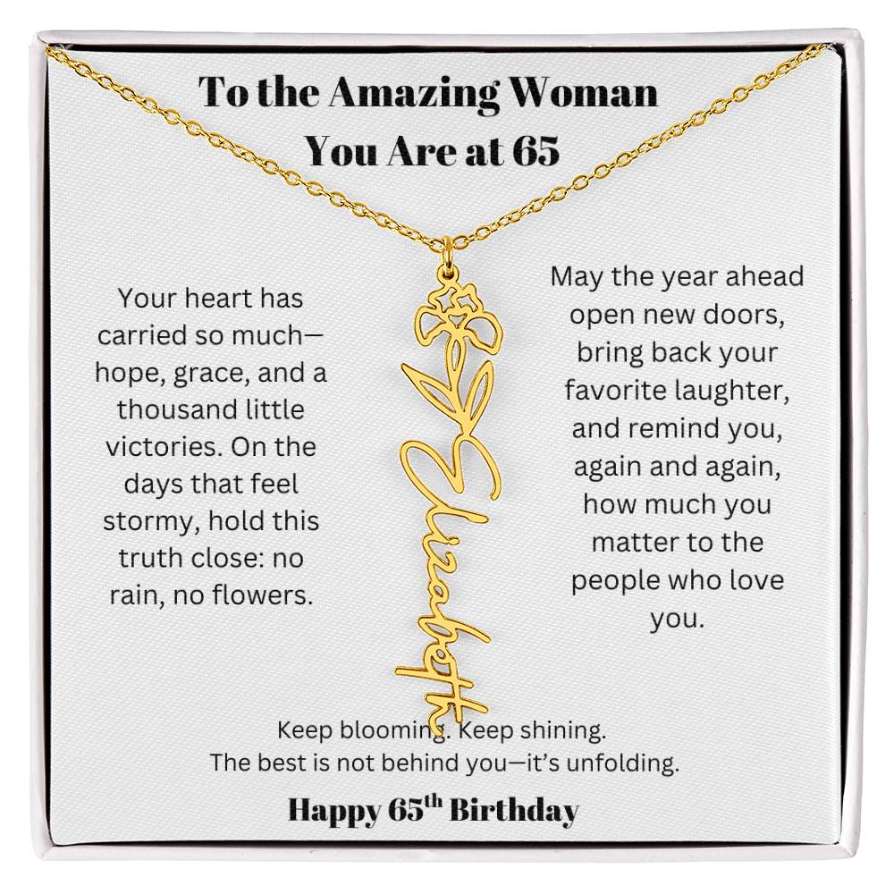 To The Amazing Woman | 65th Birthday Keepsake Jewelry | Flower Name Necklace