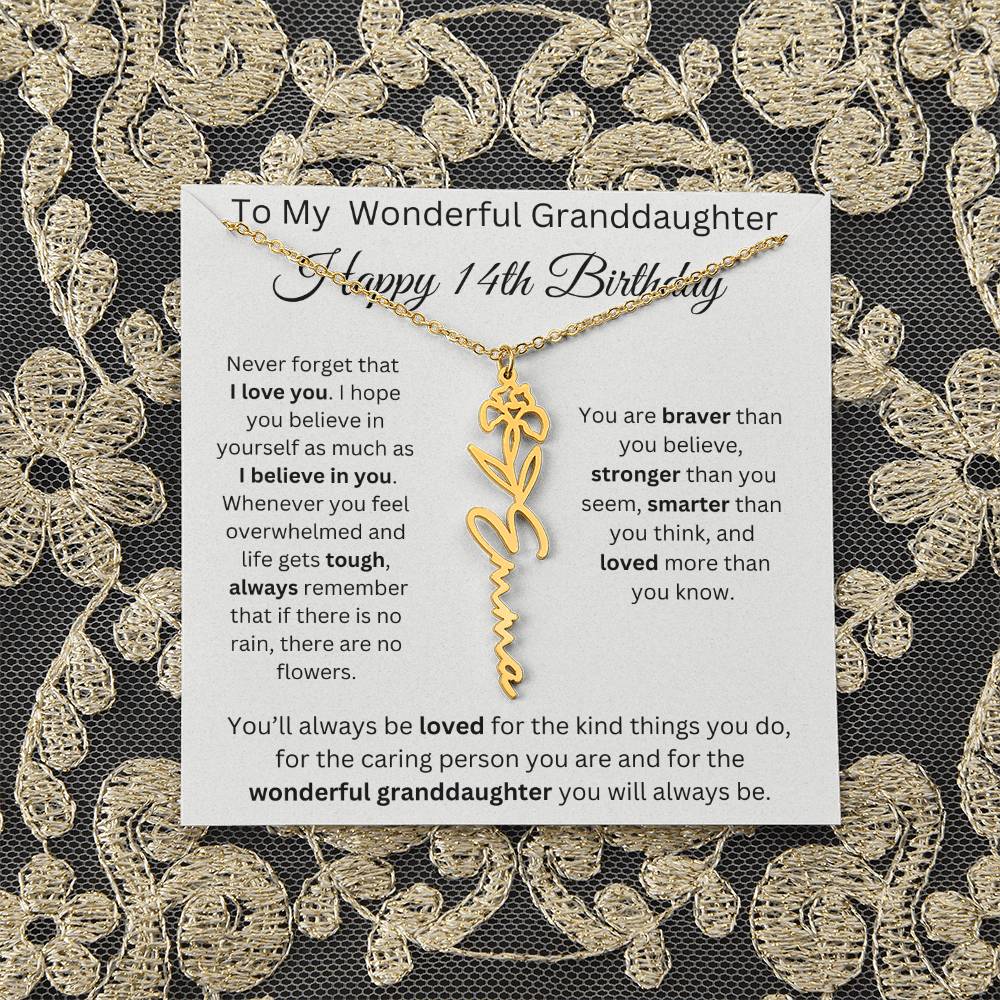 To My Wonderful Granddaughter - Happy 14th Birthday - Flower Name Necklace