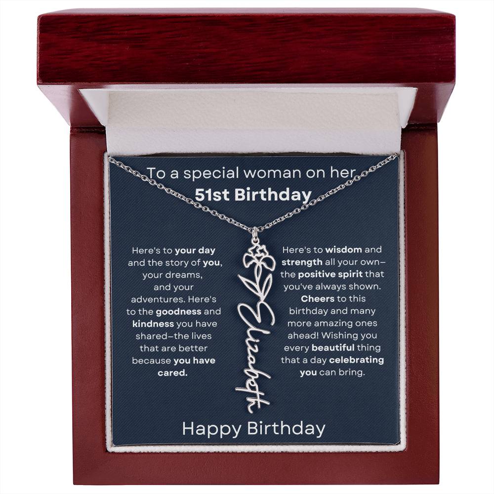 To A Special Woman On Her 51st Birthday - Flower Name Necklace