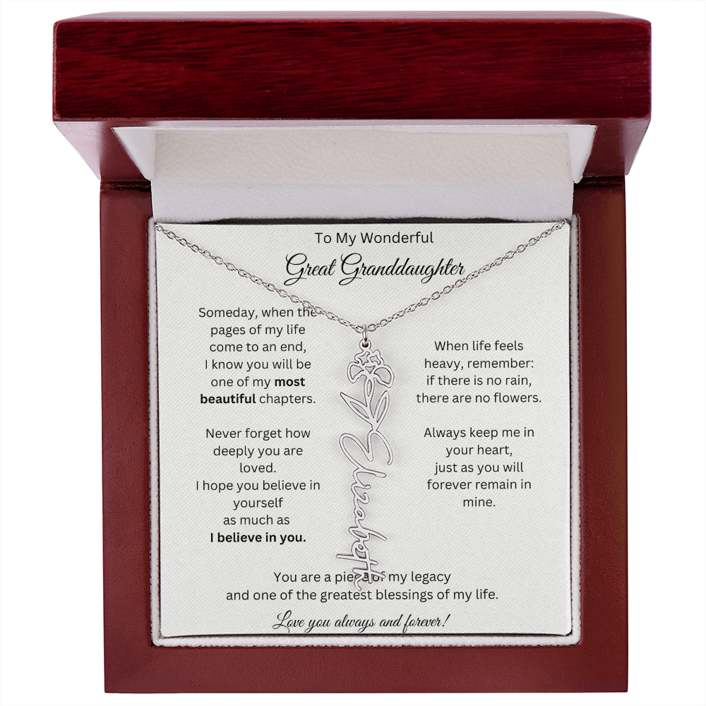 Great Granddaughter Gift - Custom Birth Flower Name Necklace