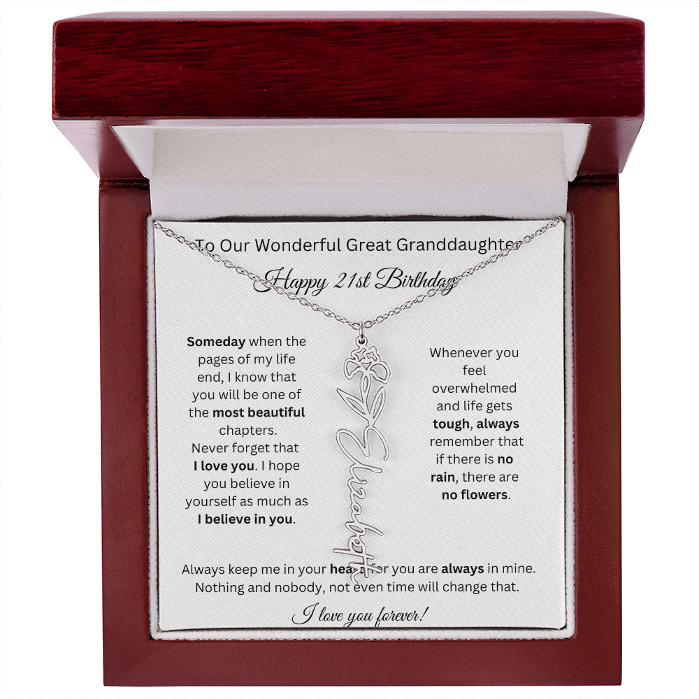 Birthflower Name Necklace To My Great Granddaughter's 21st Birthday