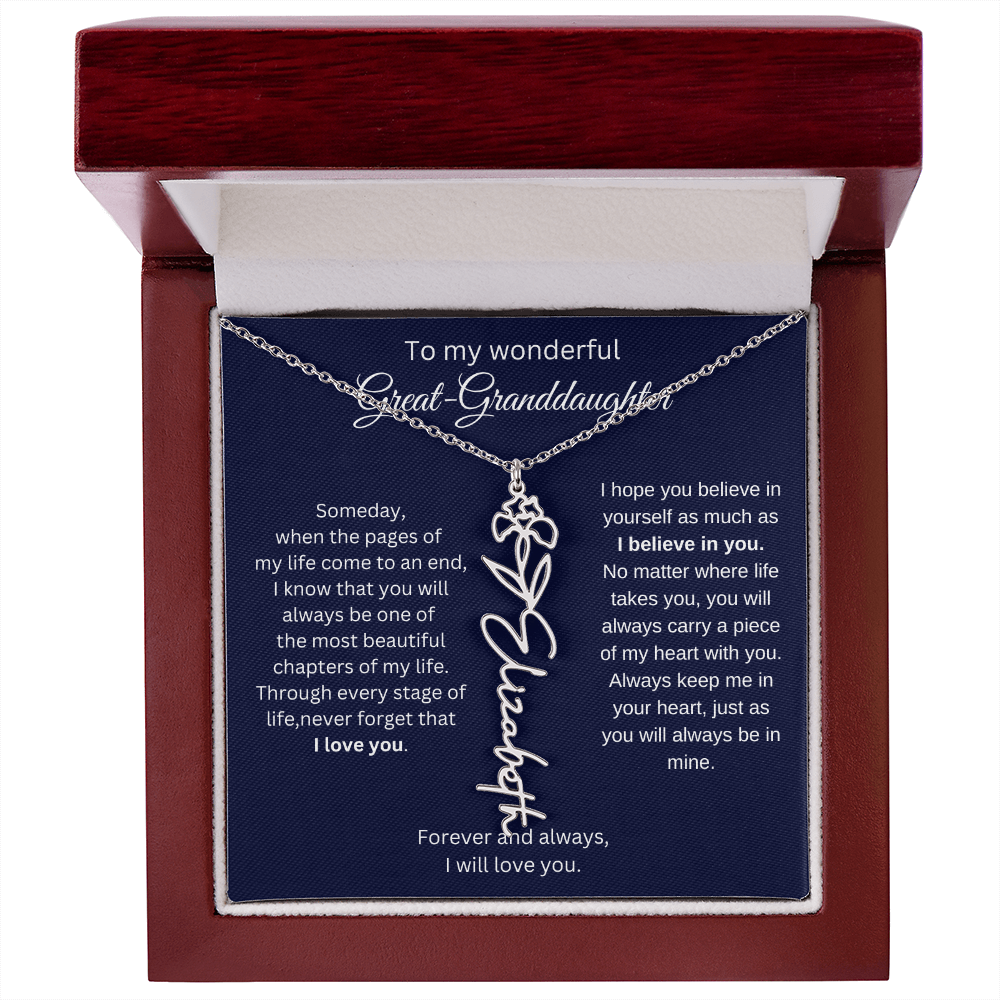 Great Granddaughter Jewelry Gift - Birth Flower Name Necklace