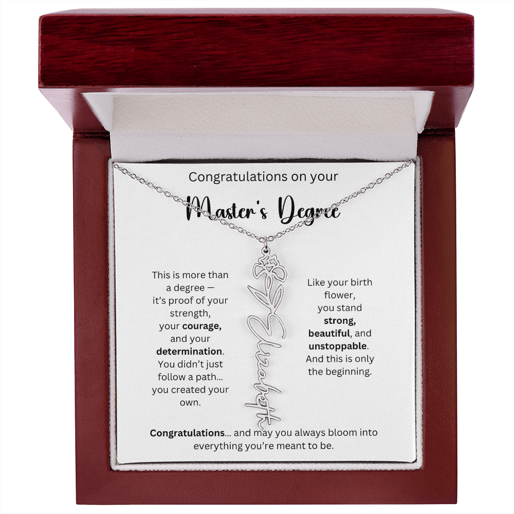 Masters Degree Graduation Gift - Personalized Birth Flower Name Necklace