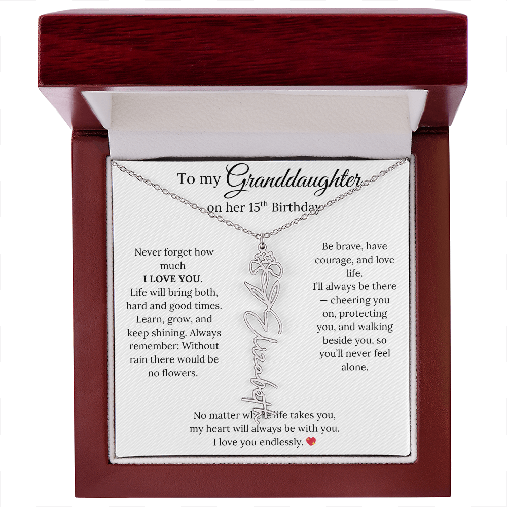 15th Birthday Gift For Granddaughter - Personalized Flower Name Necklace