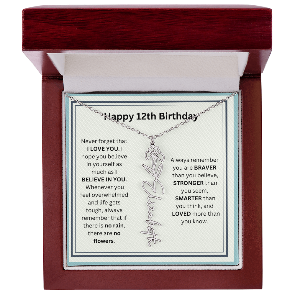 Personalized 12th Birthday Flower Name Necklace Gift