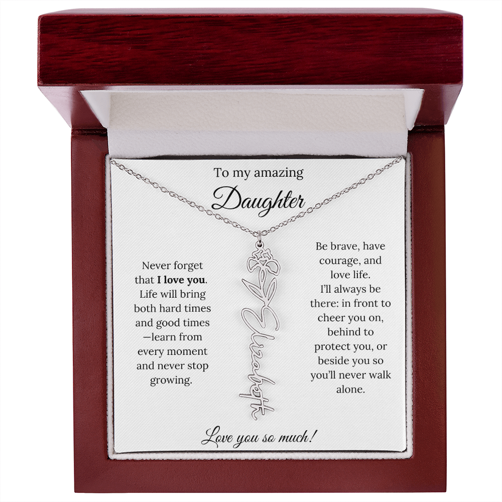 Personalized Daughter Necklace with Birth Flower Name & Inspiring Quote Card