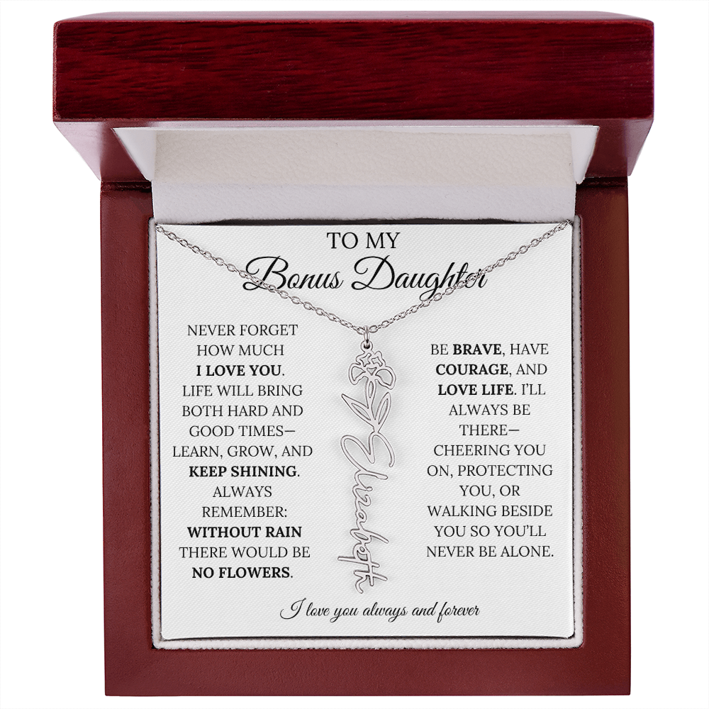 To My Bonus Daughter, Never Forget How Much I Love You - Flower Name Necklace