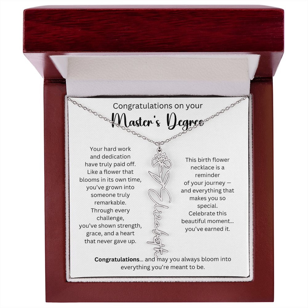 Personalized Masters Graduation Keepsake Gift - Birth Flower Name Necklace