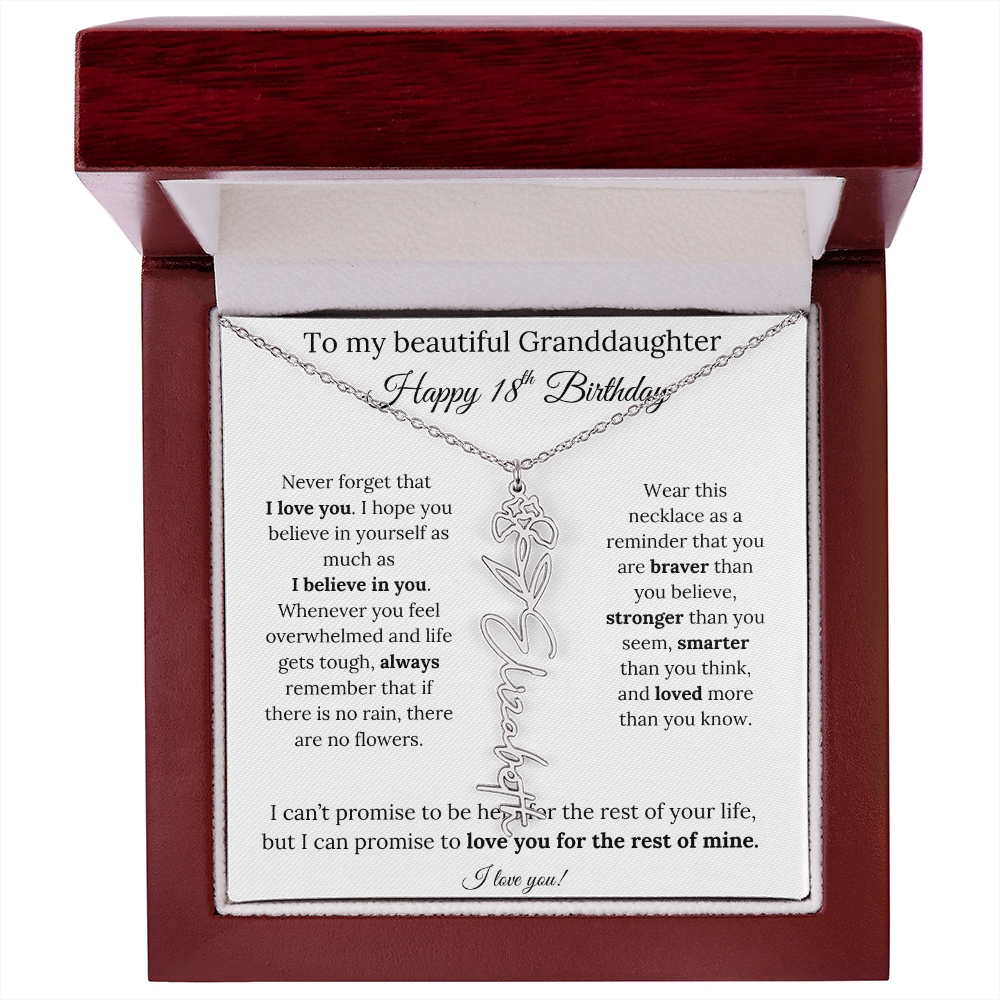 18th Birthday Gift for Granddaughter Flower Name Necklace with Message Card