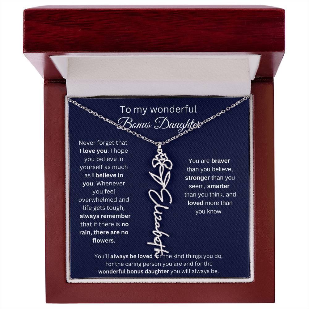 To My Wonderful Bonus Daughter - I Love You - Flower Name Necklace