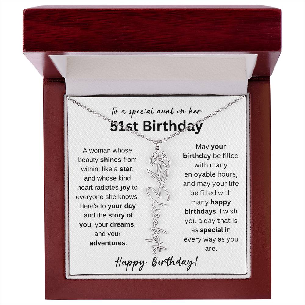 To A Special Aunt Happy 51st Birthday - Flower Name Necklace