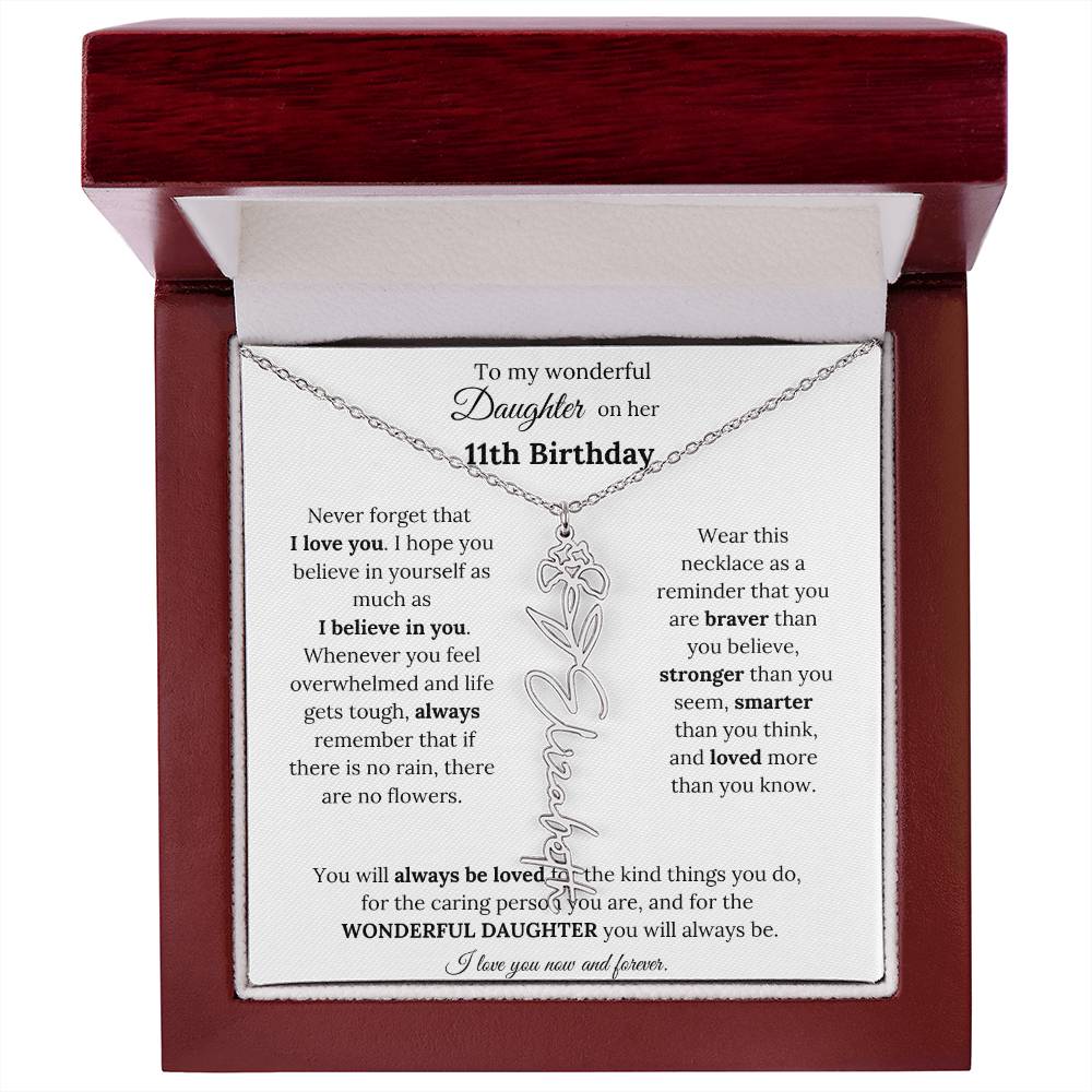 To My Wonderful Daughter On Her 11th Birthday - I Love You - Flower Name Necklace