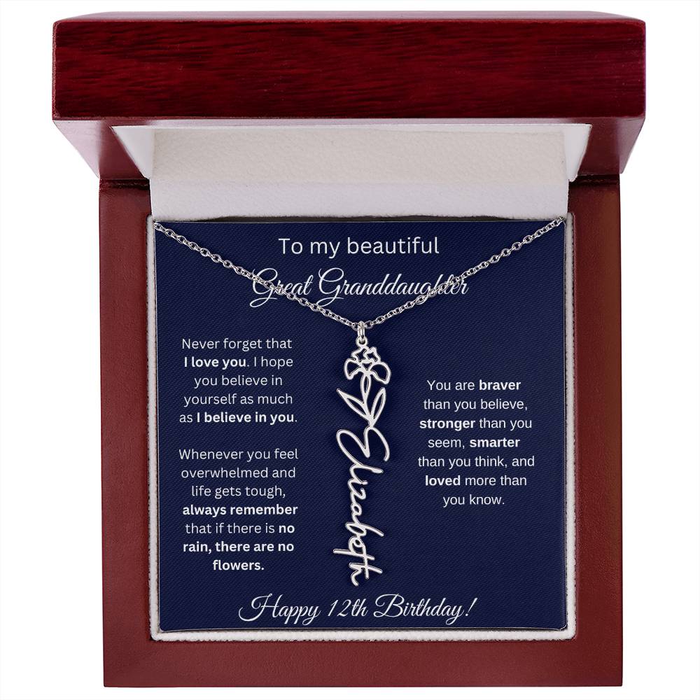12th Birthday Gift For Great Granddaughter - Birthmonth Flower Name Necklace