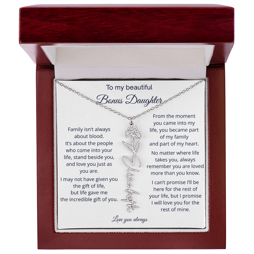 Bonus Daughter Jewelry Gift - Personalized Birth Flower Name Necklace