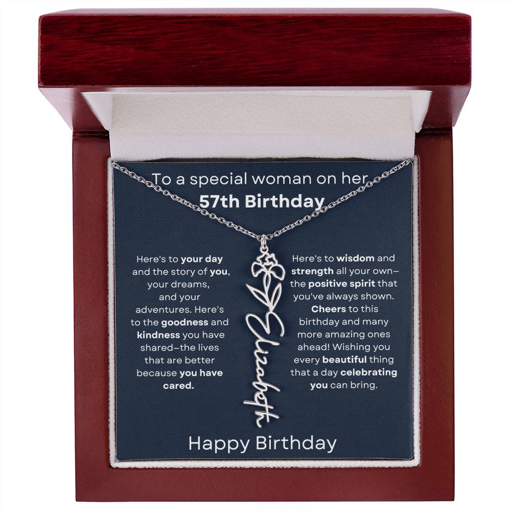 To A Special Woman On Her 57th Birthday - Flower Name Necklace