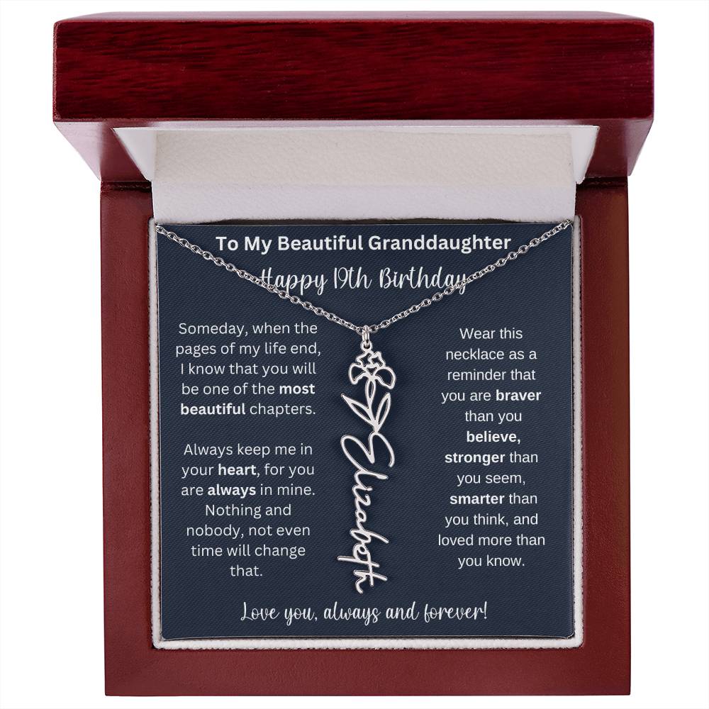 19th Birthday Gift For Granddaughter | Personalized Birth Flower Name Necklace
