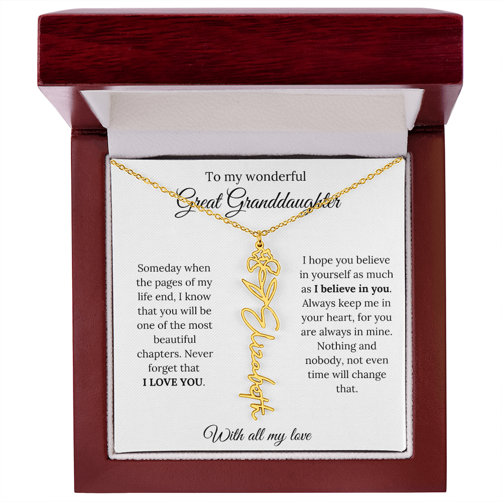 Great Granddaughter Birth Flower Name Necklace – “You Are One of the Most Beautiful Chapters” – Custom Keepsake Jewelry Gift