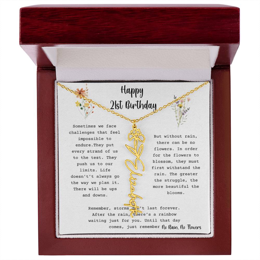 No Rain, No Flowers - Happy 21st Birthday - Flower Name Necklace