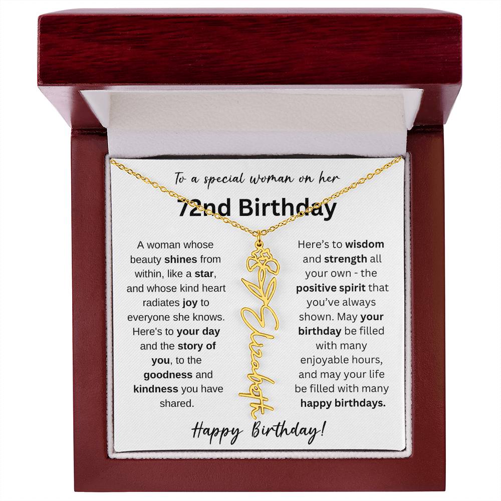 A Woman Whose Beauty Shines From Within - Happy 72nd Birthday - Flower Name Necklace