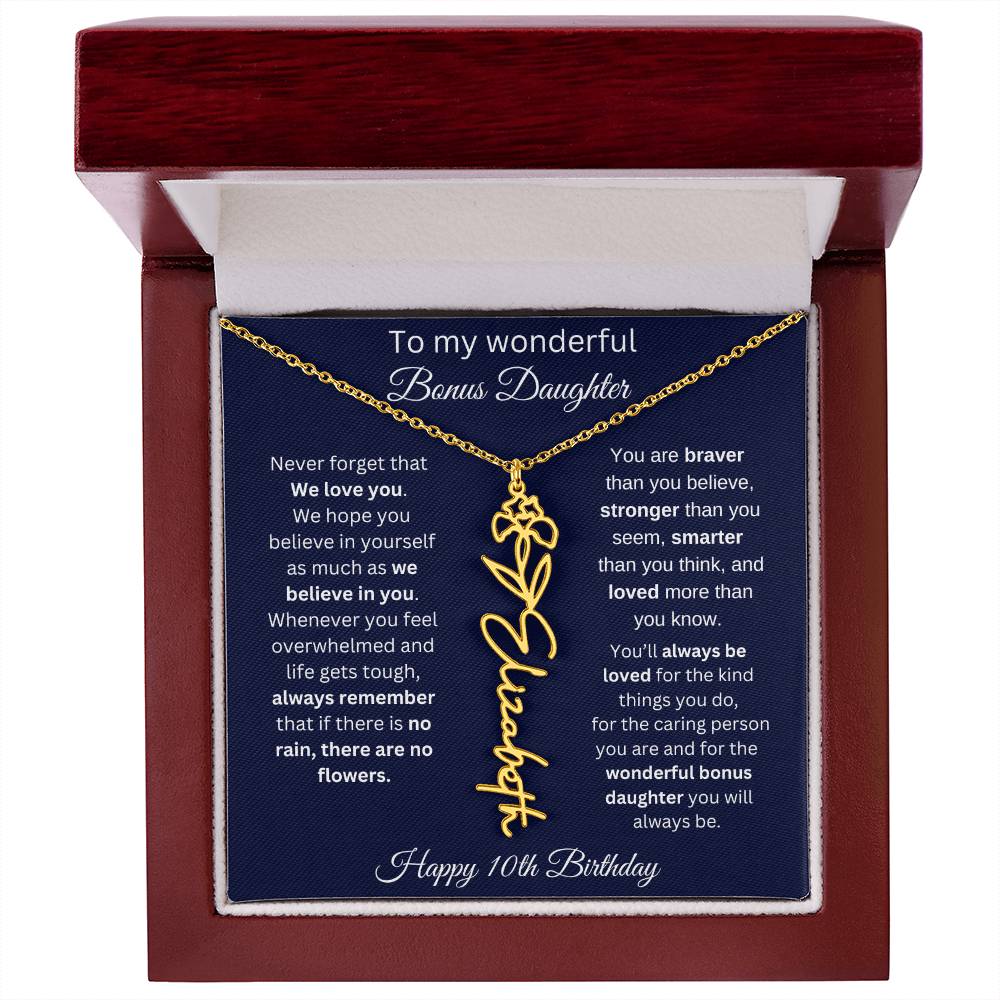 10th Birthday Gift For Bonus Daughter - Personalized Birthmonth Flower Name Necklace