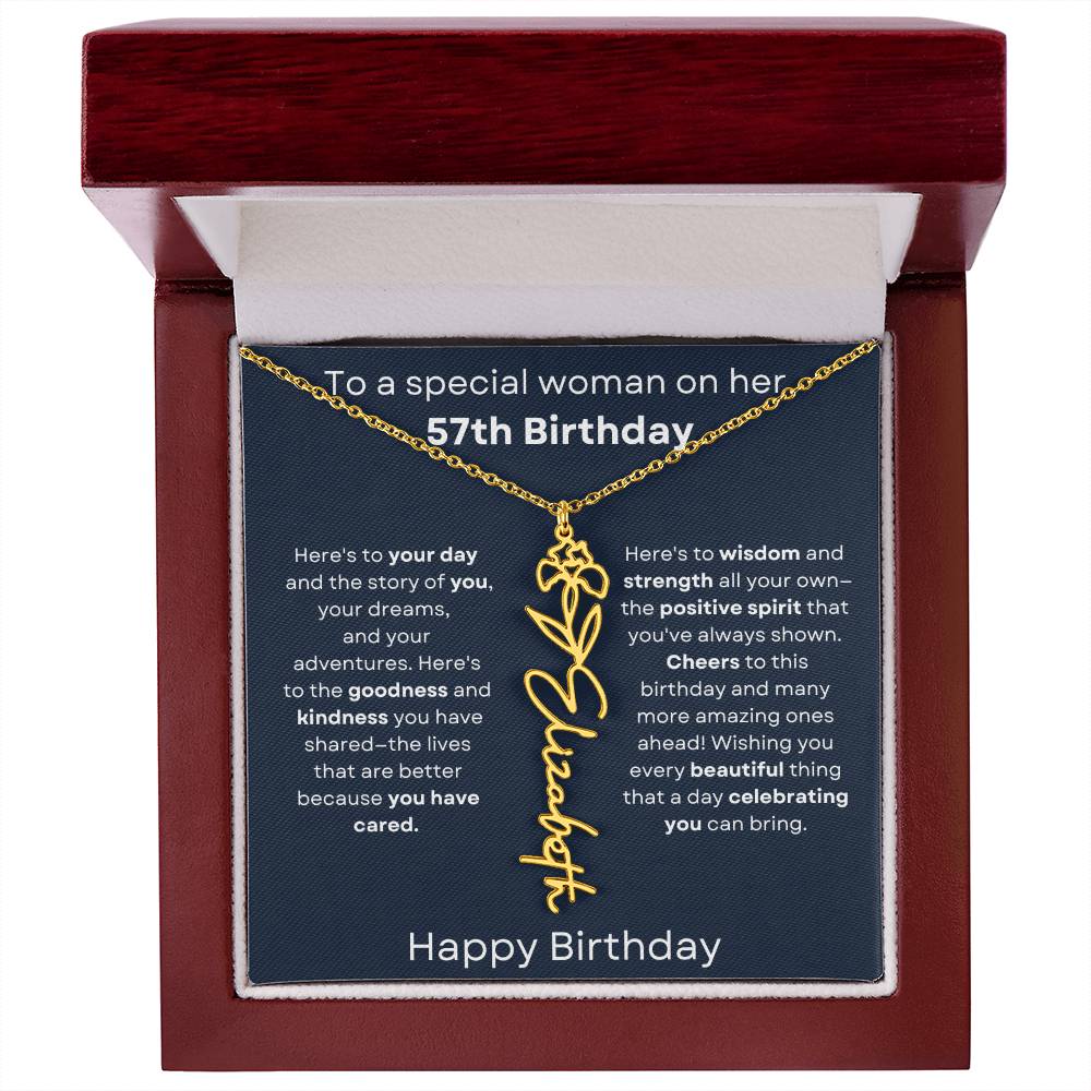 To A Special Woman On Her 57th Birthday - Flower Name Necklace