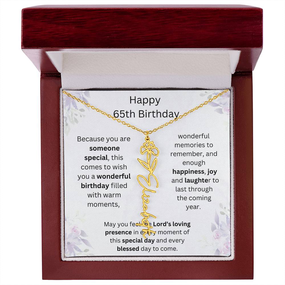 Wishing You Happiness, Joy & Laughter - Happy 65th Birthday | Flower Name Necklace