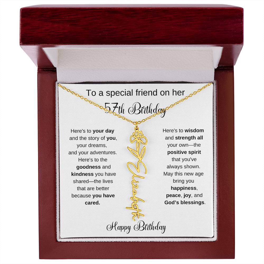 To A Special Friend | Happy 57th Birthday | Flower Name Necklace