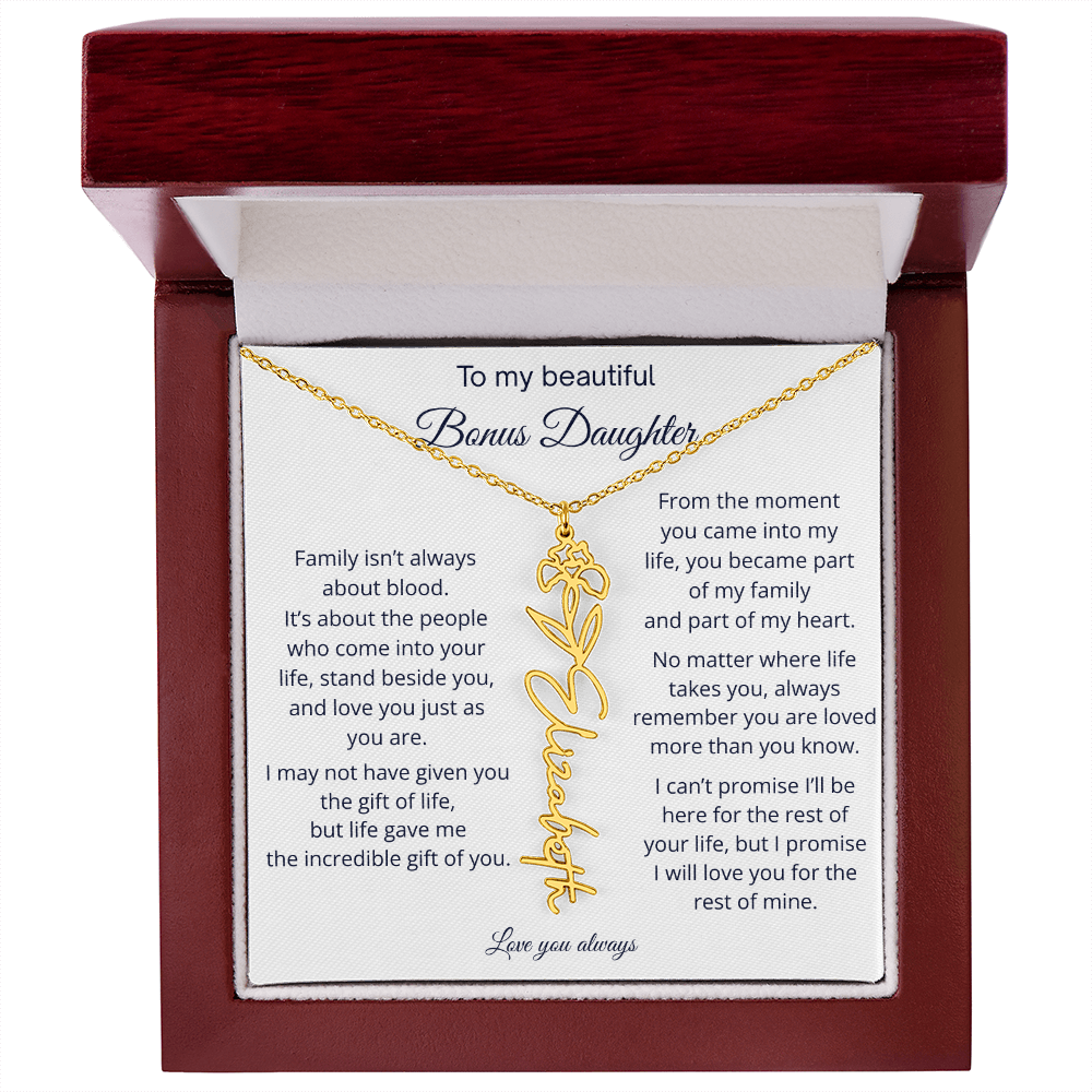 Bonus Daughter Jewelry Gift - Personalized Birth Flower Name Necklace