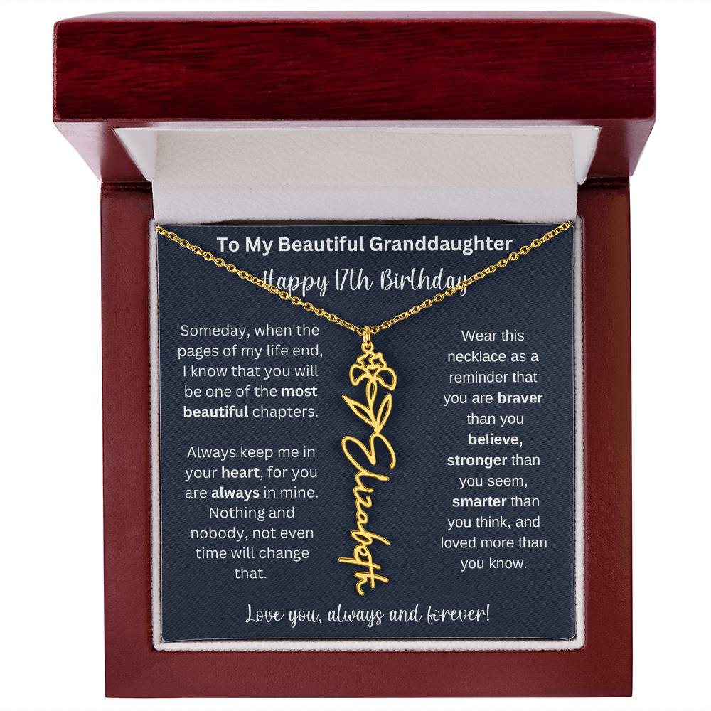 17th Birthday Gift For Granddaughter | Personalized Birth Flower Name Necklace