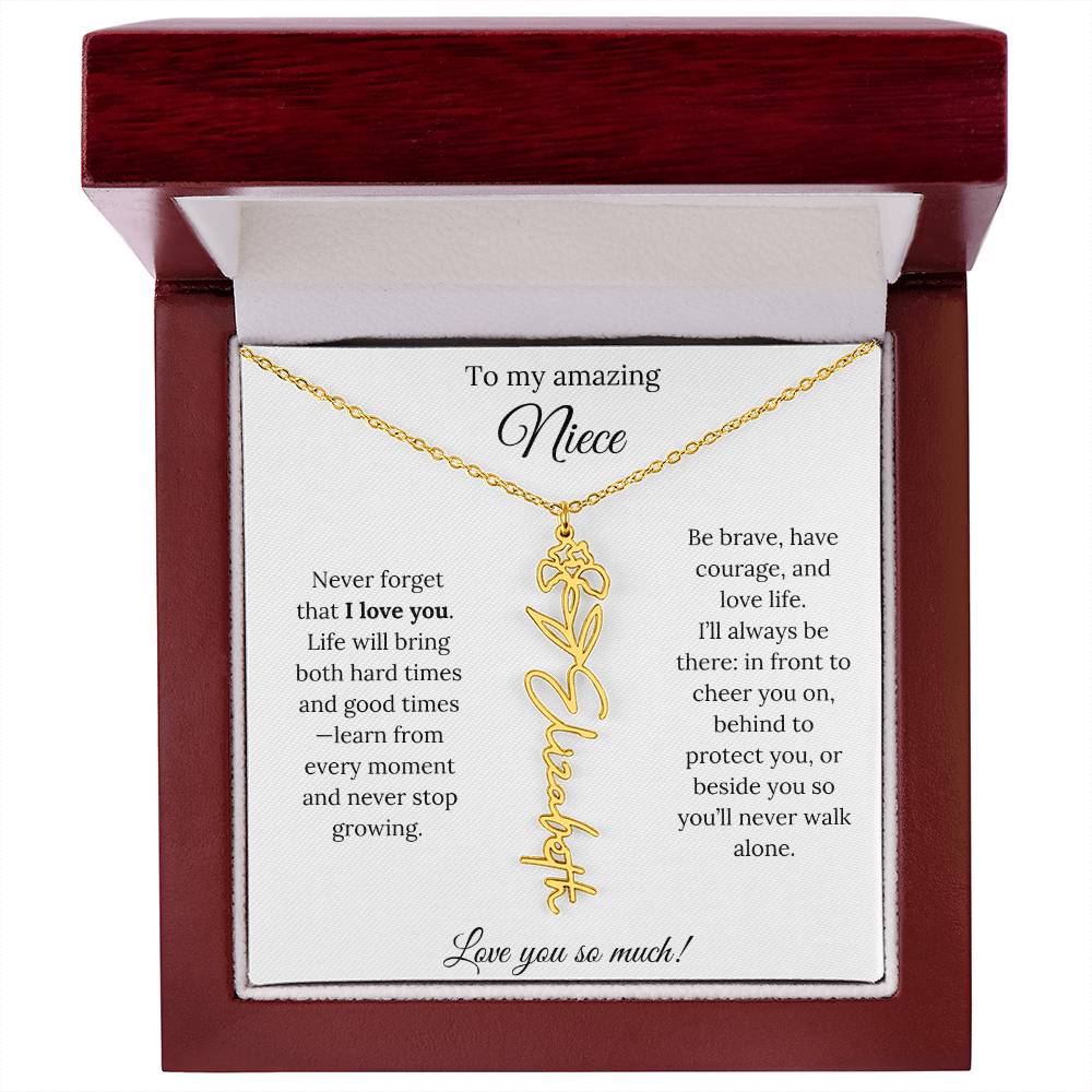 Niece Gift – Birth Flower Name Necklace + Inspiring Message Card