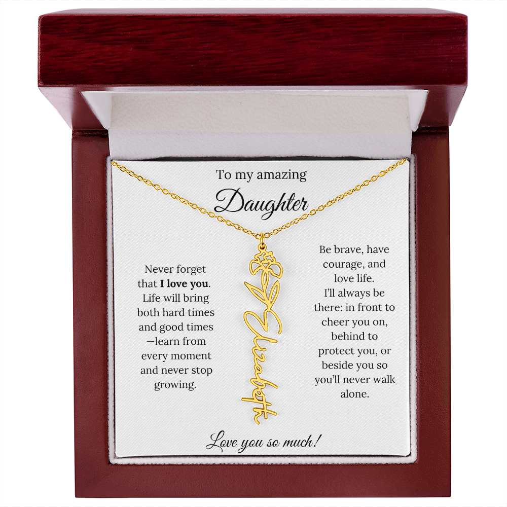 Personalized Daughter Necklace with Birth Flower Name & Inspiring Quote Card
