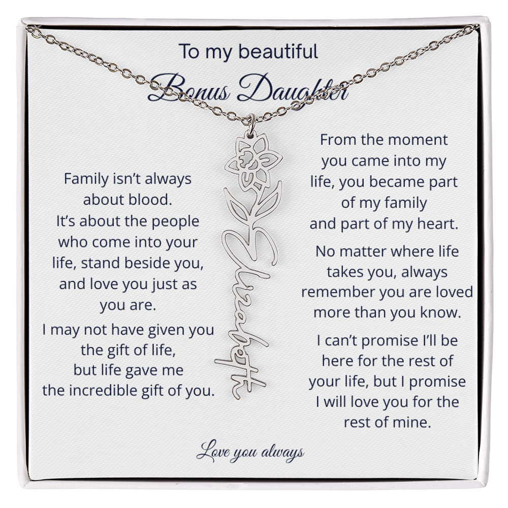 Bonus Daughter Jewelry Gift - Personalized Birth Flower Name Necklace