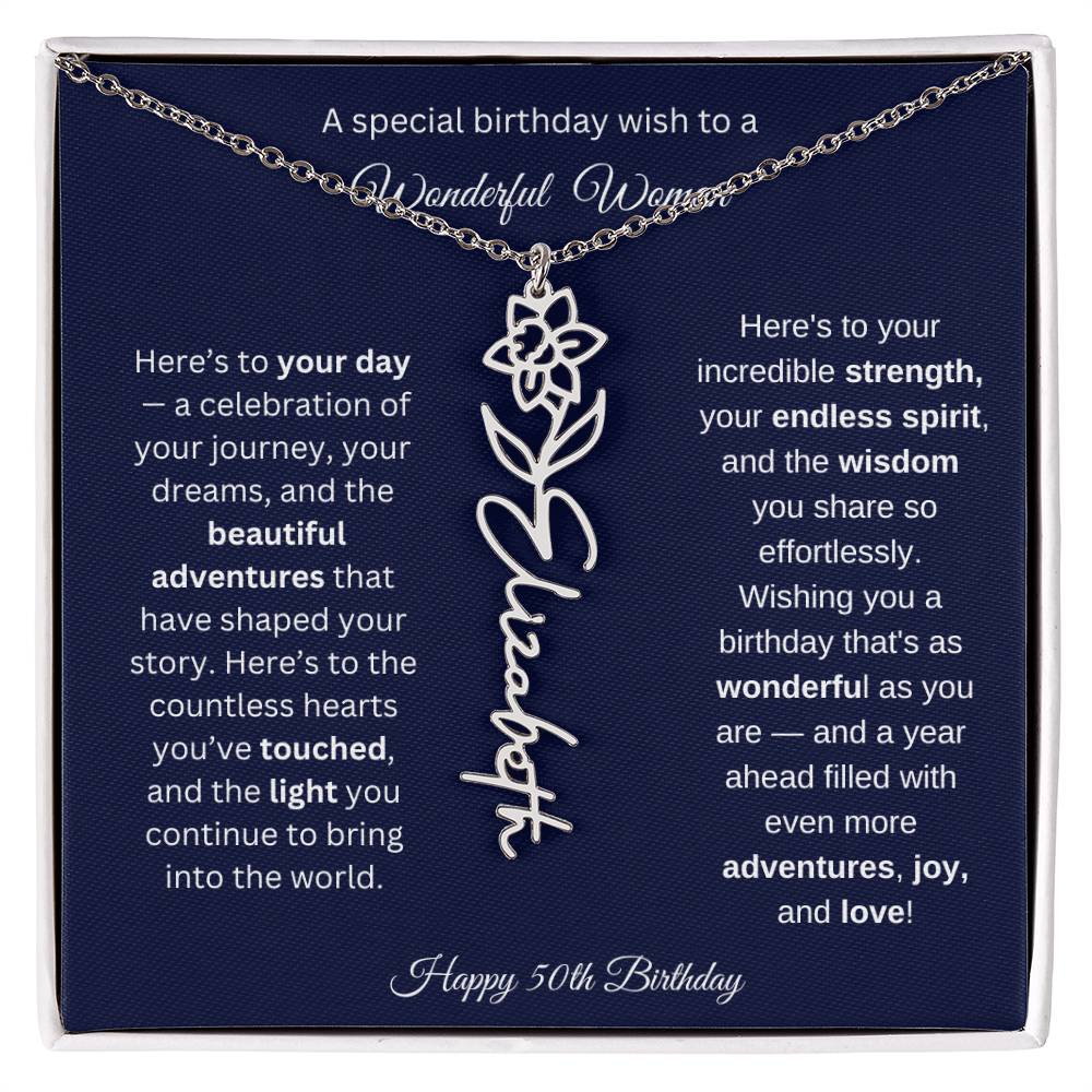 Happy 50th Birthday - Personalized Birth Flower Name Necklace with Message Card