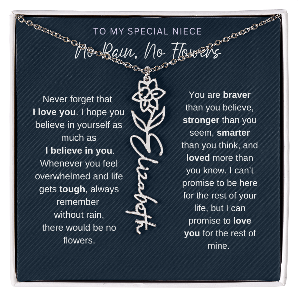 To My Special Niece | No Rain, No Flowers | Birth Flower Name Necklace