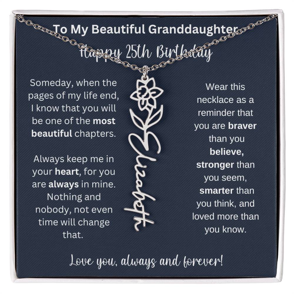 25th Birthday Gift For Granddaughter | Personalized Birth Flower Name Necklace