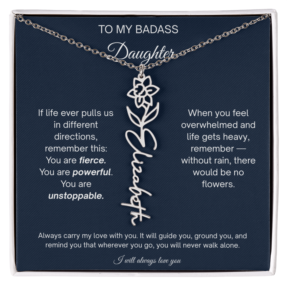Badass Daughter Personalized Birth Flower Name Necklace