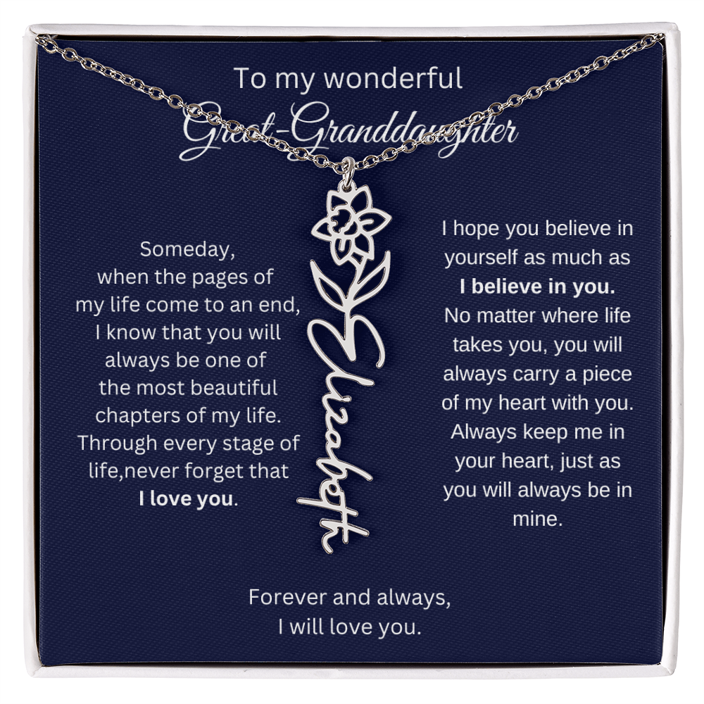 Great Granddaughter Jewelry Gift - Birth Flower Name Necklace