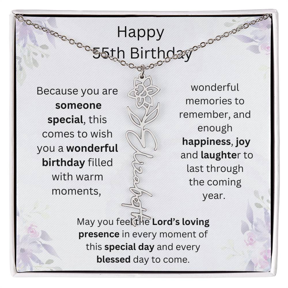 Wishing You Happiness, Joy & Laughter - Happy 55th Birthday | Flower Name Necklace