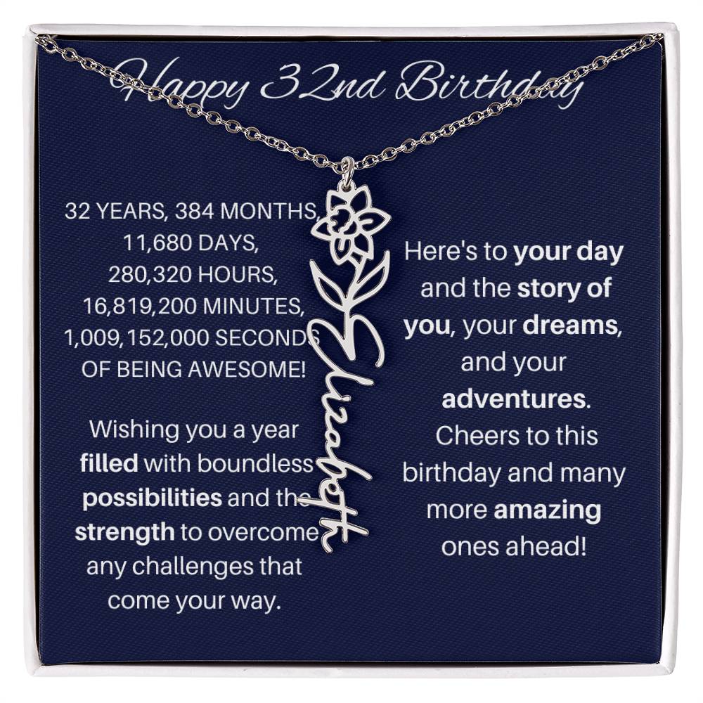 32nd Birthday Birth Flower Necklace