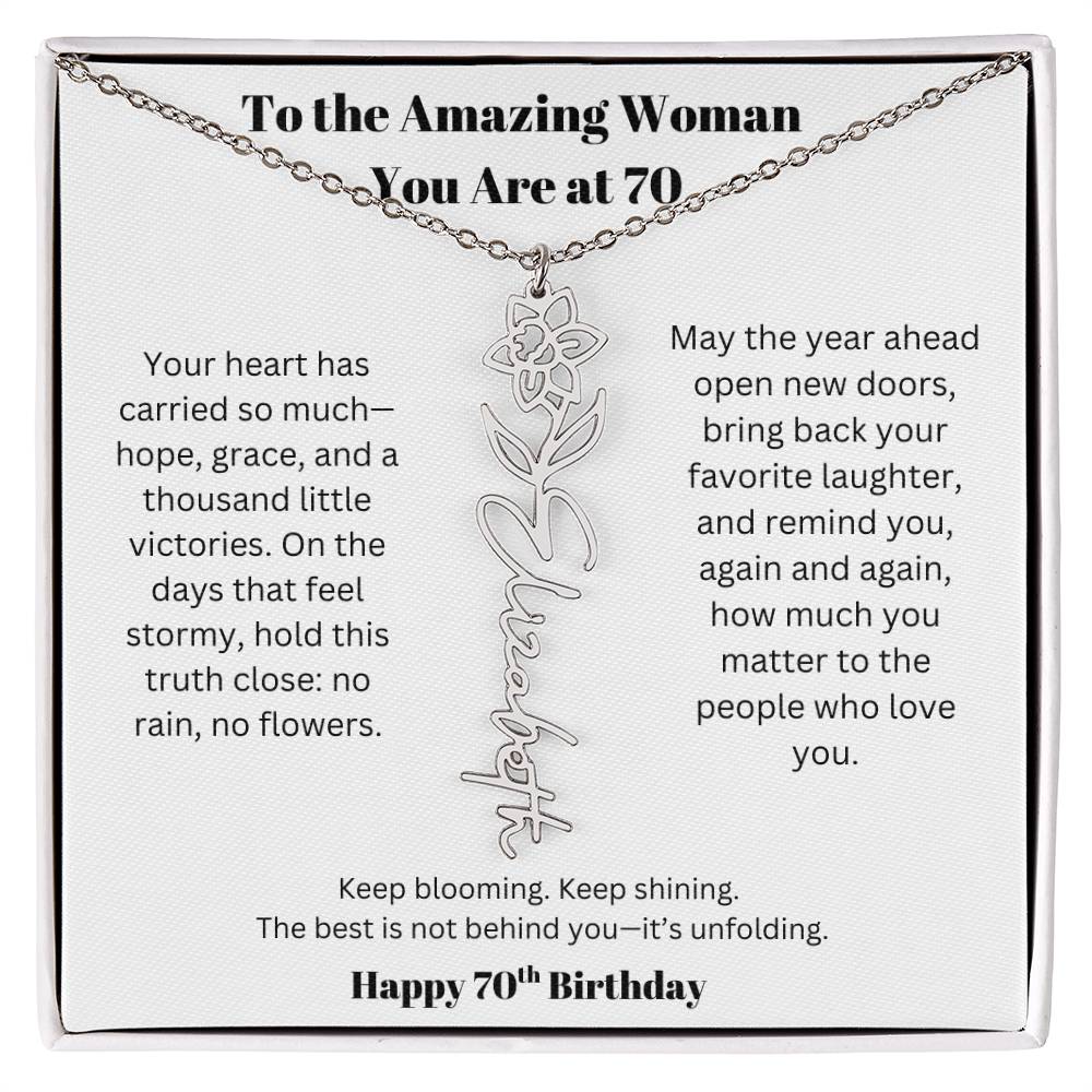 To The Amazing Woman | 70th Birthday Keepsake Jewelry | Flower Name Necklace