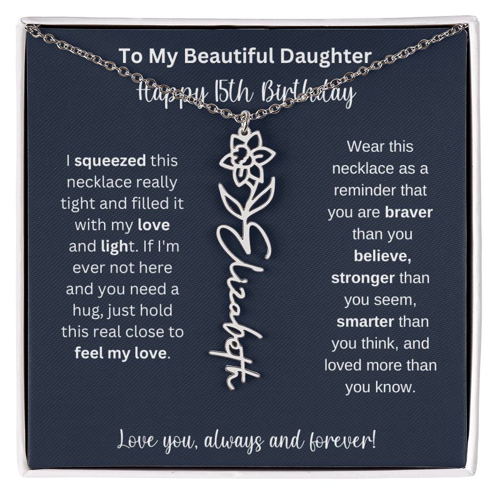 15th Birthday Gift For My Beautiful Daughter | Personalized Flower Name Necklace